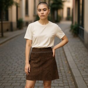 BCBG Leather Midi Skirt – Brown, Crisscross Waist, Western Luxe – Sz 4 EUC